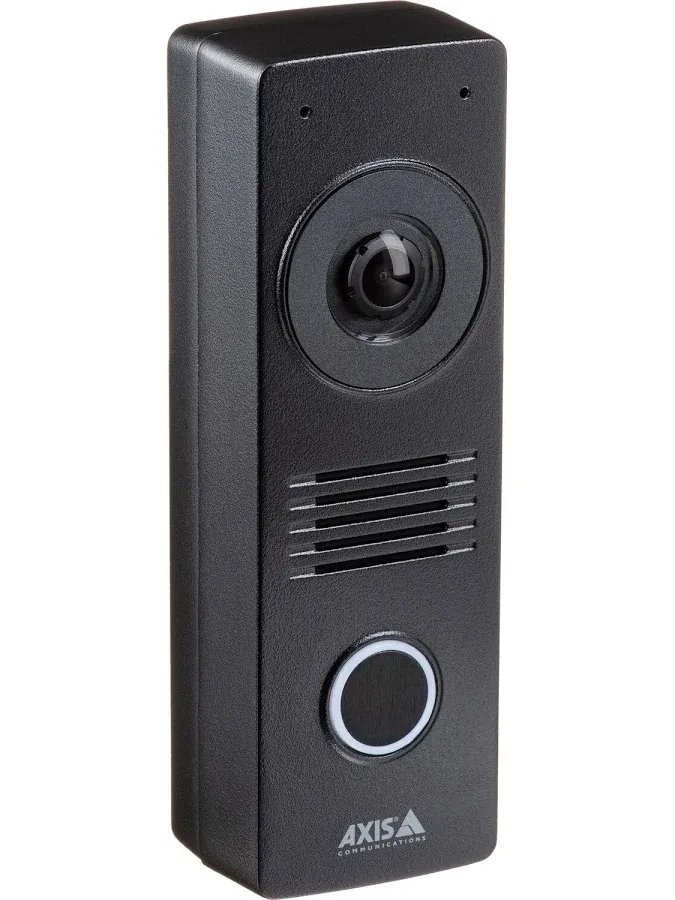 Axis narrow video door station — product photo for Staten Island door-frame mounting Staten Island intercom repair product photo: a narrow black Axis video door station with a round camera lens at the top, a speaker grille in the middle and a round illuminated call button at the bottom