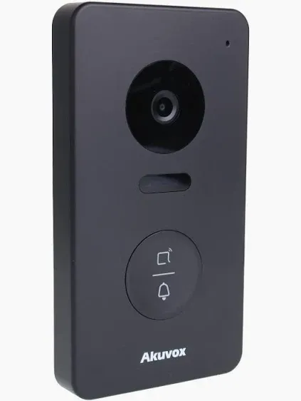 Black Akuvox house video door station — product photo for Staten Island raised-house doors Staten Island intercom repair product photo: a black Akuvox video door station with rounded corners, a camera lens at the top, a narrow window below it and a call button with a bell symbol