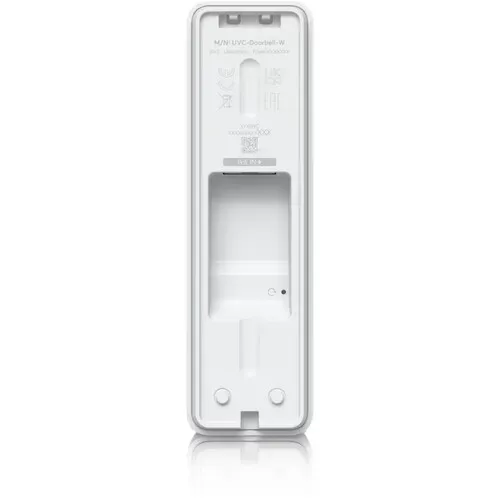 Rear of a white network video doorbell — product photo for Staten Island door station mounting Staten Island intercom repair product photo: the back of a white network video doorbell showing its mounting side, a model label reading UVC-Doorbell, a rectangular recess and two screw holes