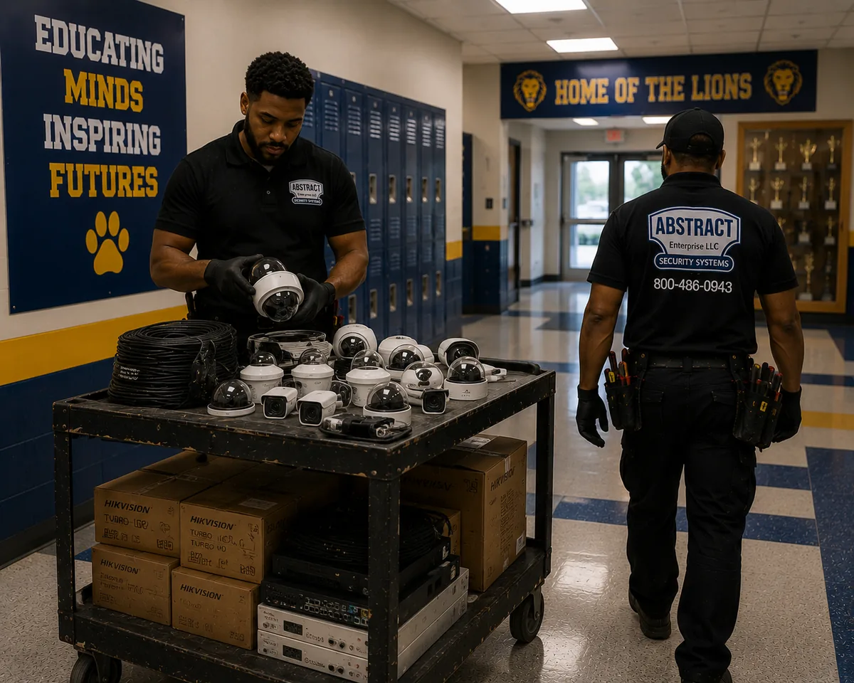 Legacy school CCTV system upgrade Brooklyn - older camera equipment staged for evaluation during a Brooklyn school system takeover