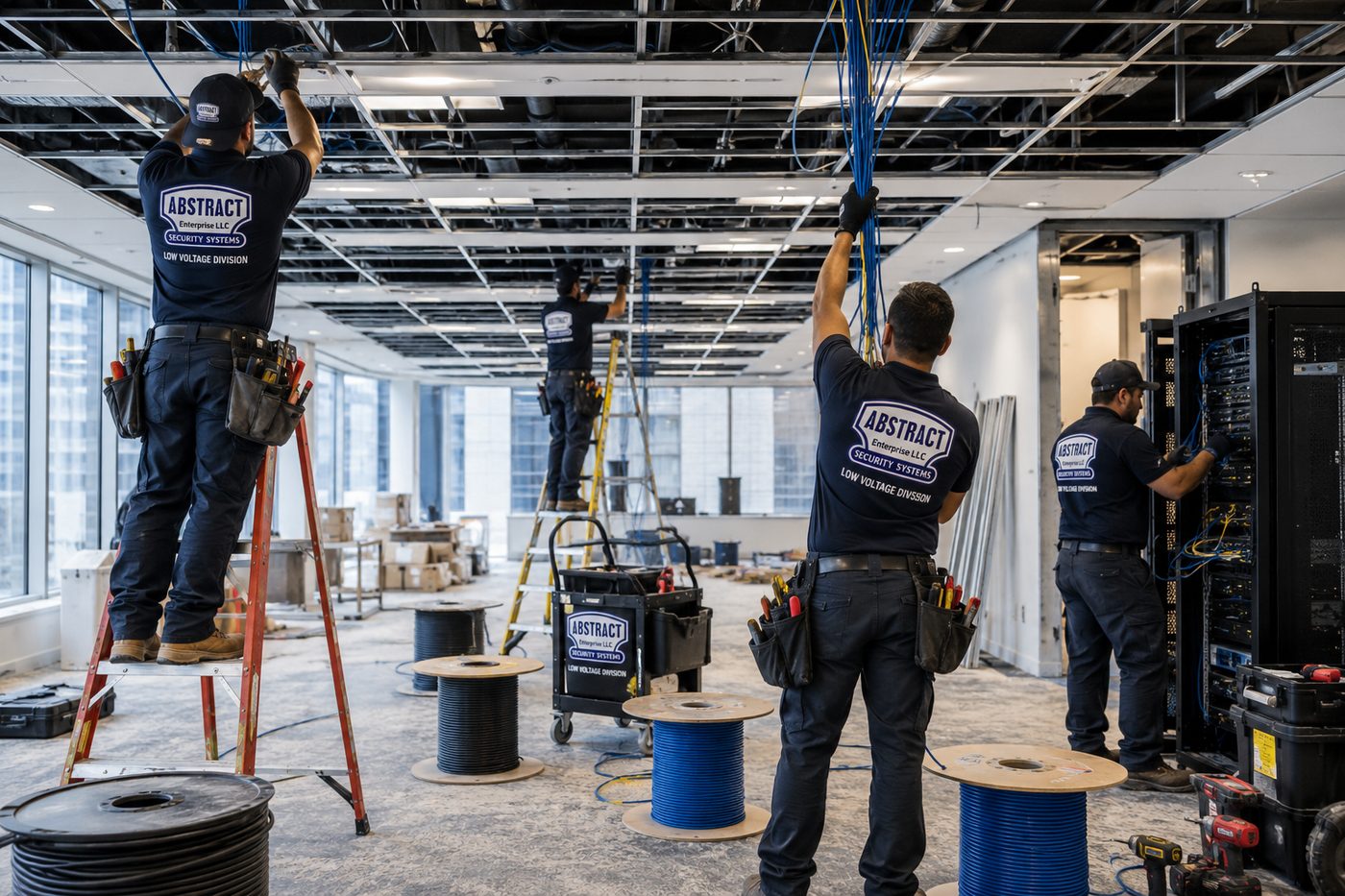 Low voltage installers Hudson Valley crew running Cat6 above an open ceiling on a Westchester commercial fit-out