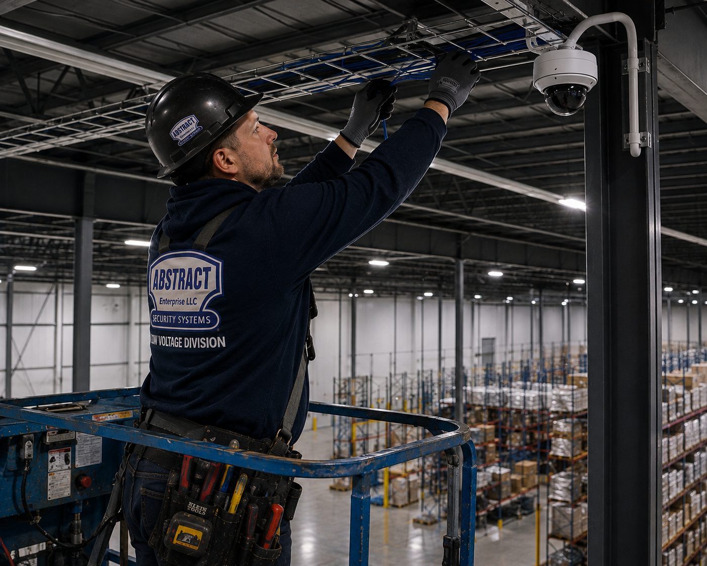Low voltage contractor Long Island high bay cable tray run in a Suffolk County warehouse