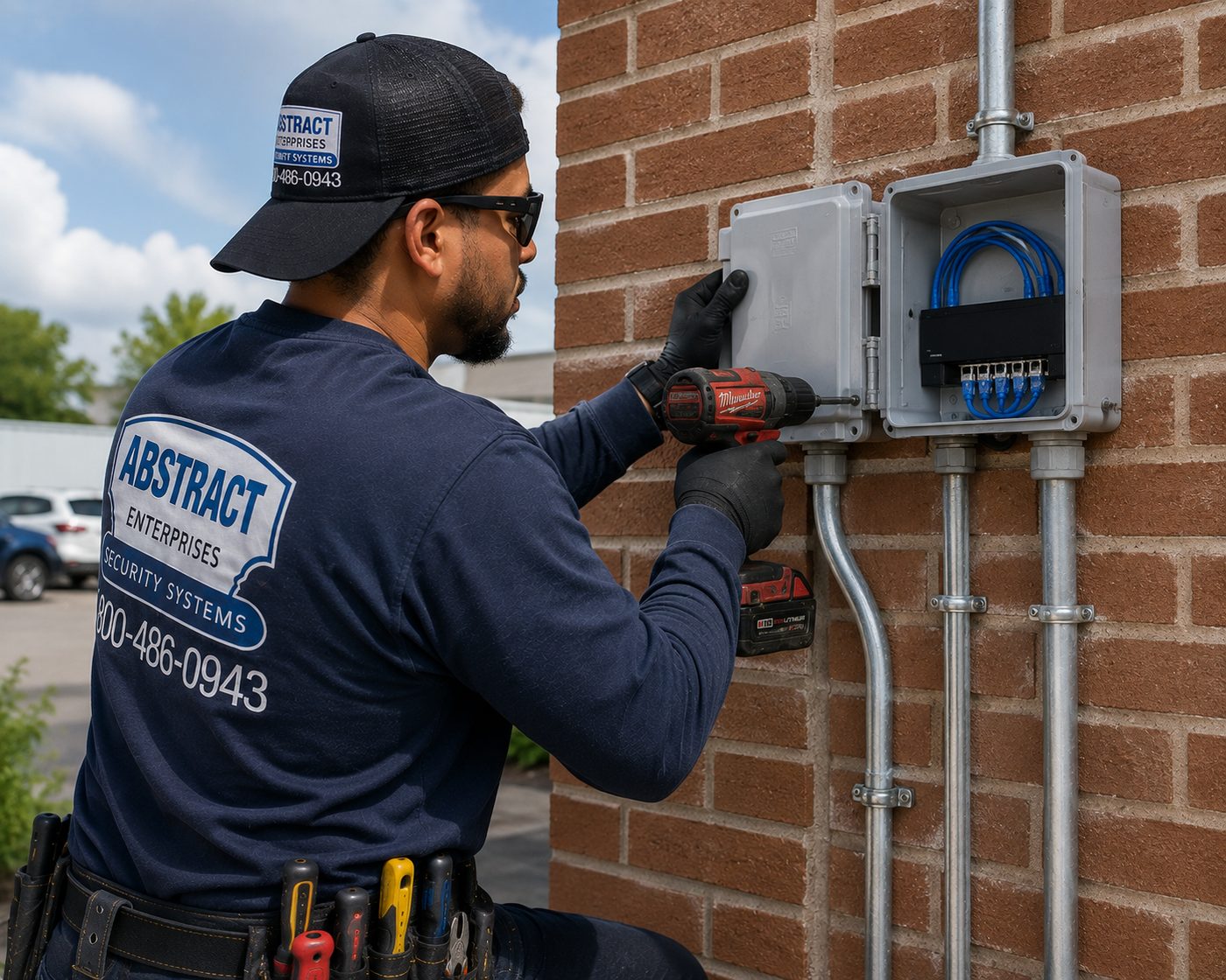 Low voltage installation Nassau County exterior weatherproof enclosure install on a Nassau County commercial building wall