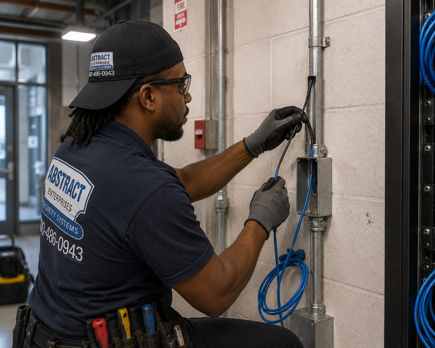 Low voltage installation Nassau County riser conduit cable pull in a Nassau County commercial building stairwell