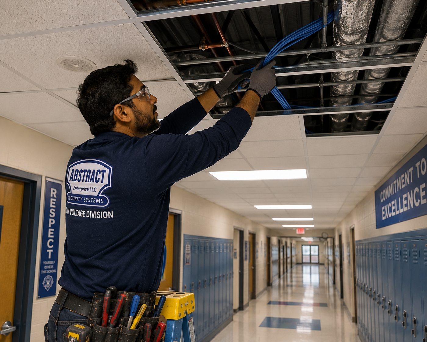Office network cabling Nassau County ceiling tile removed for a bundle pull in a Westbury district corridor