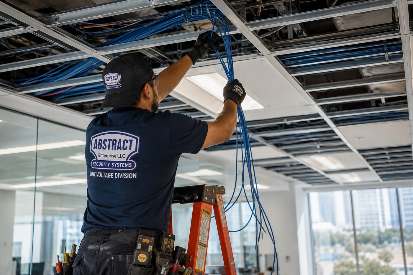 Network cabling installer NYC pulling a Cat6 bundle down through a suspended ceiling grid