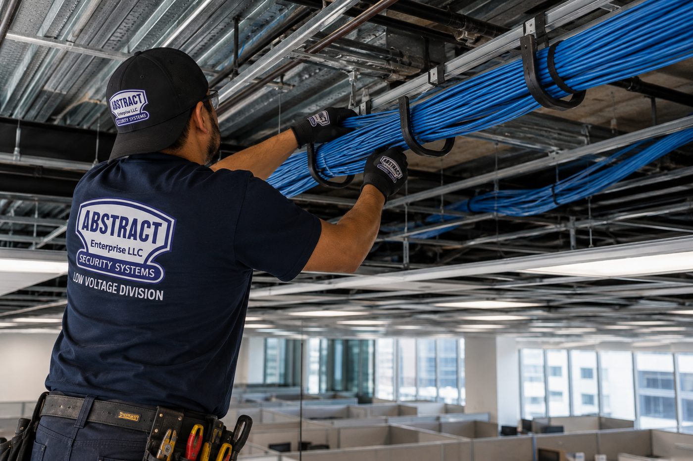 Structured cabling NYC bundle carried on J hooks under a structural ceiling in New York City