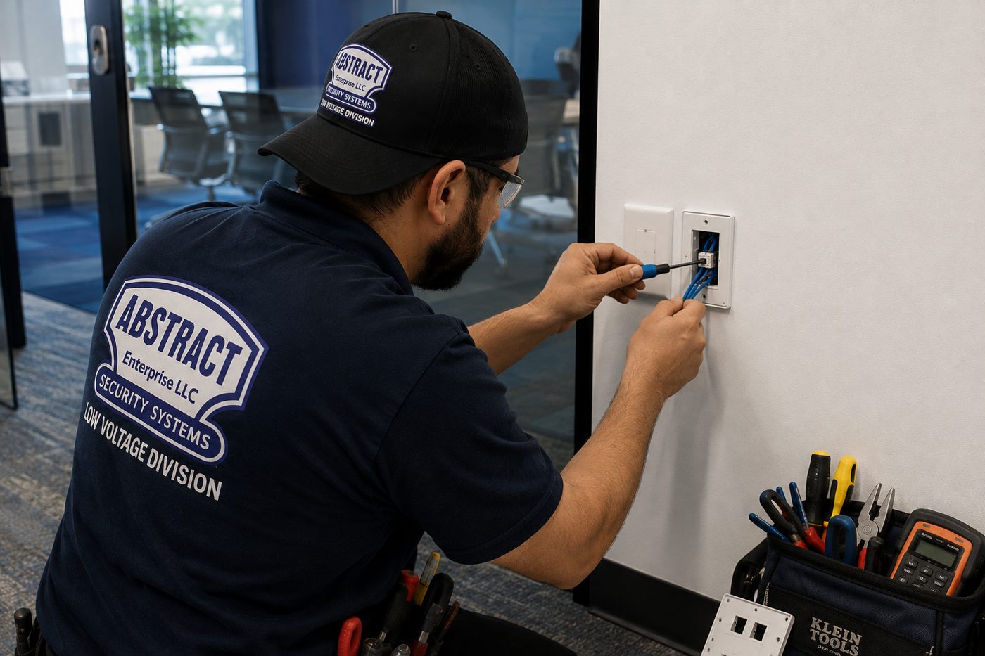 Low voltage wiring NYC keystone terminated at a wall plate outside a New York City conference room