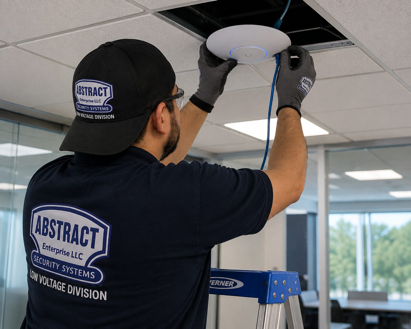 Cat6 cabling NYC wireless access point drop installed in a New York City office ceiling