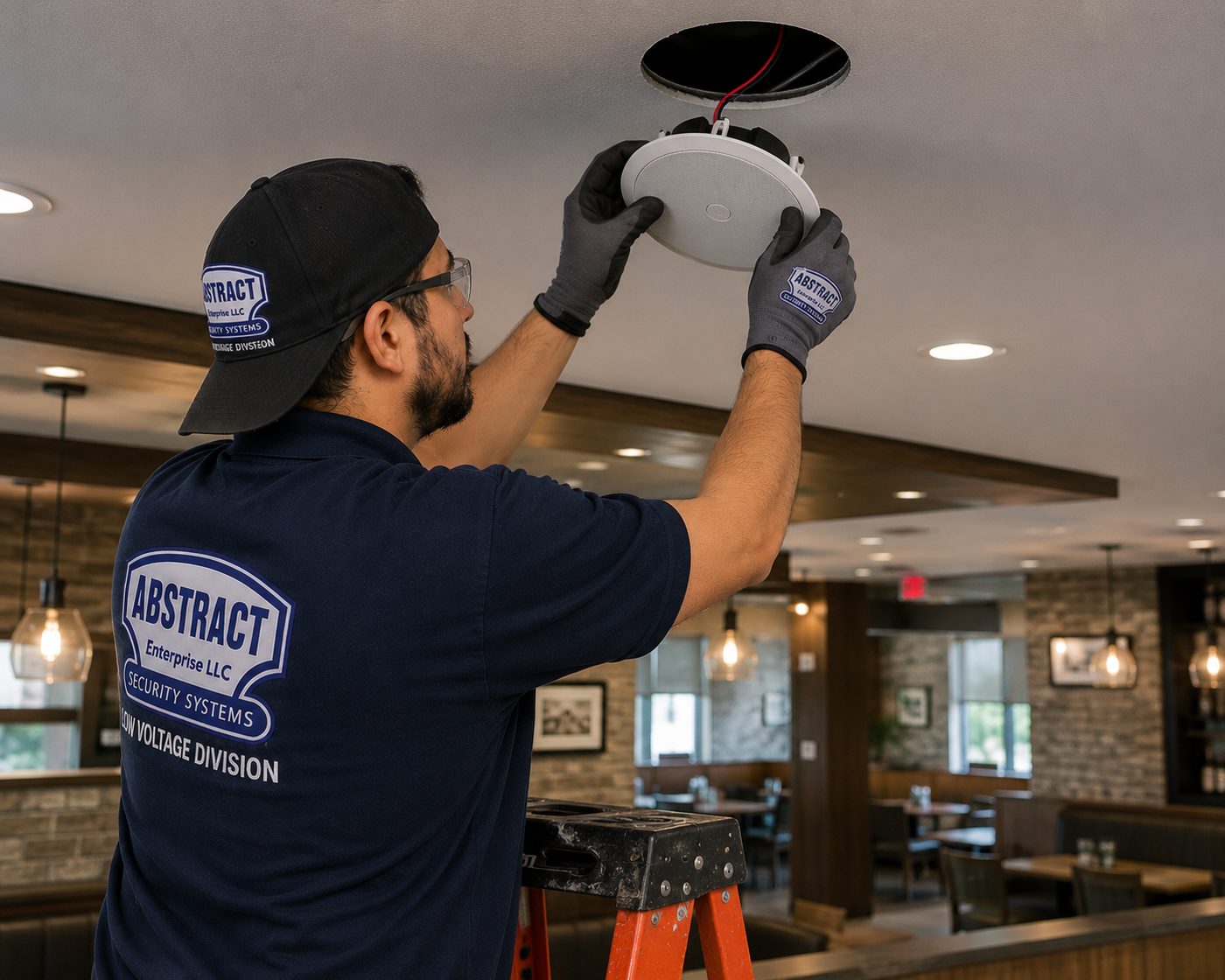 Low voltage wiring NYC ceiling speaker cabling in a New York City restaurant dining room