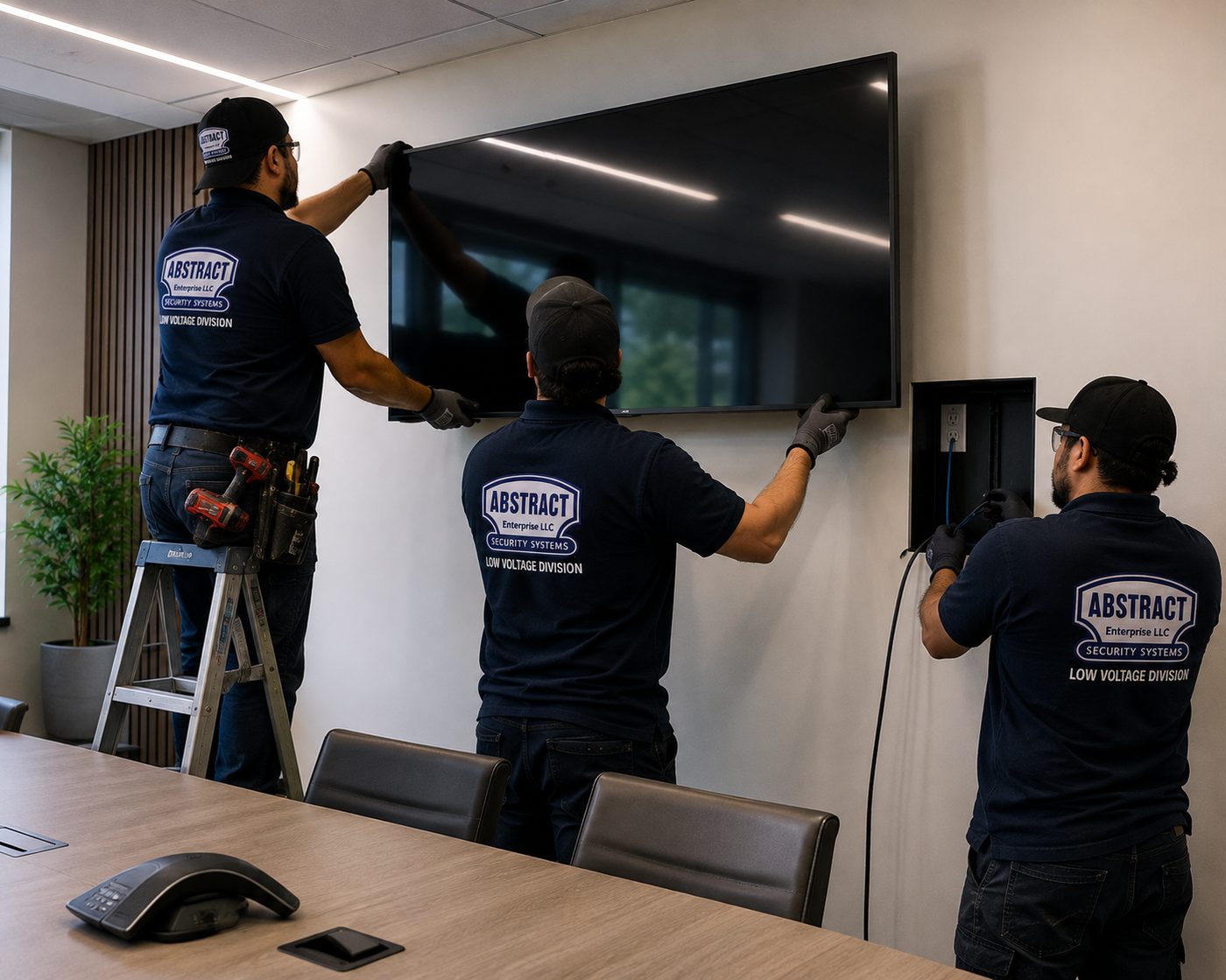 Low voltage installation NYC in wall display cabling in a New York City conference room