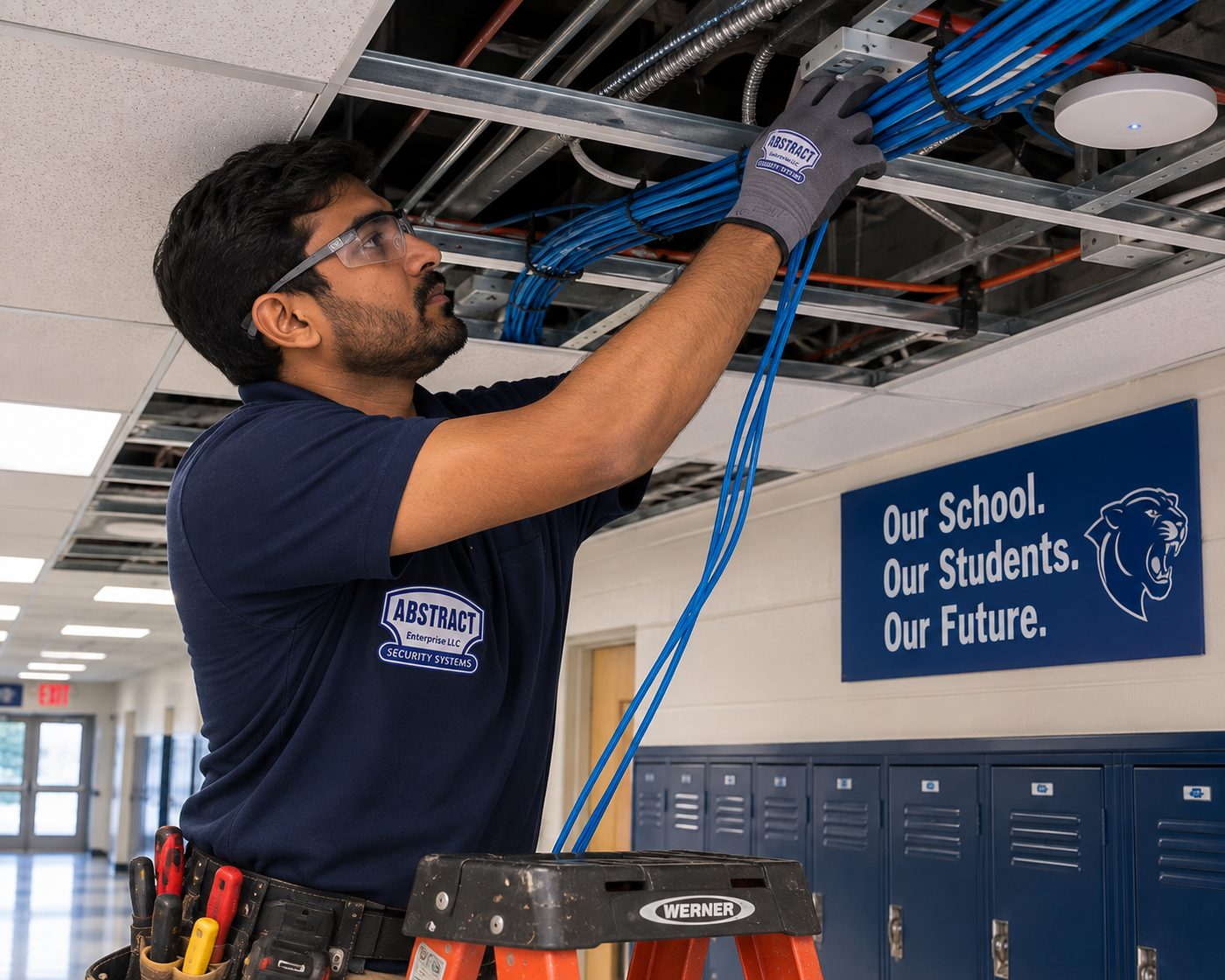 Network cabling NYC corridor cable pull in a New York City school building