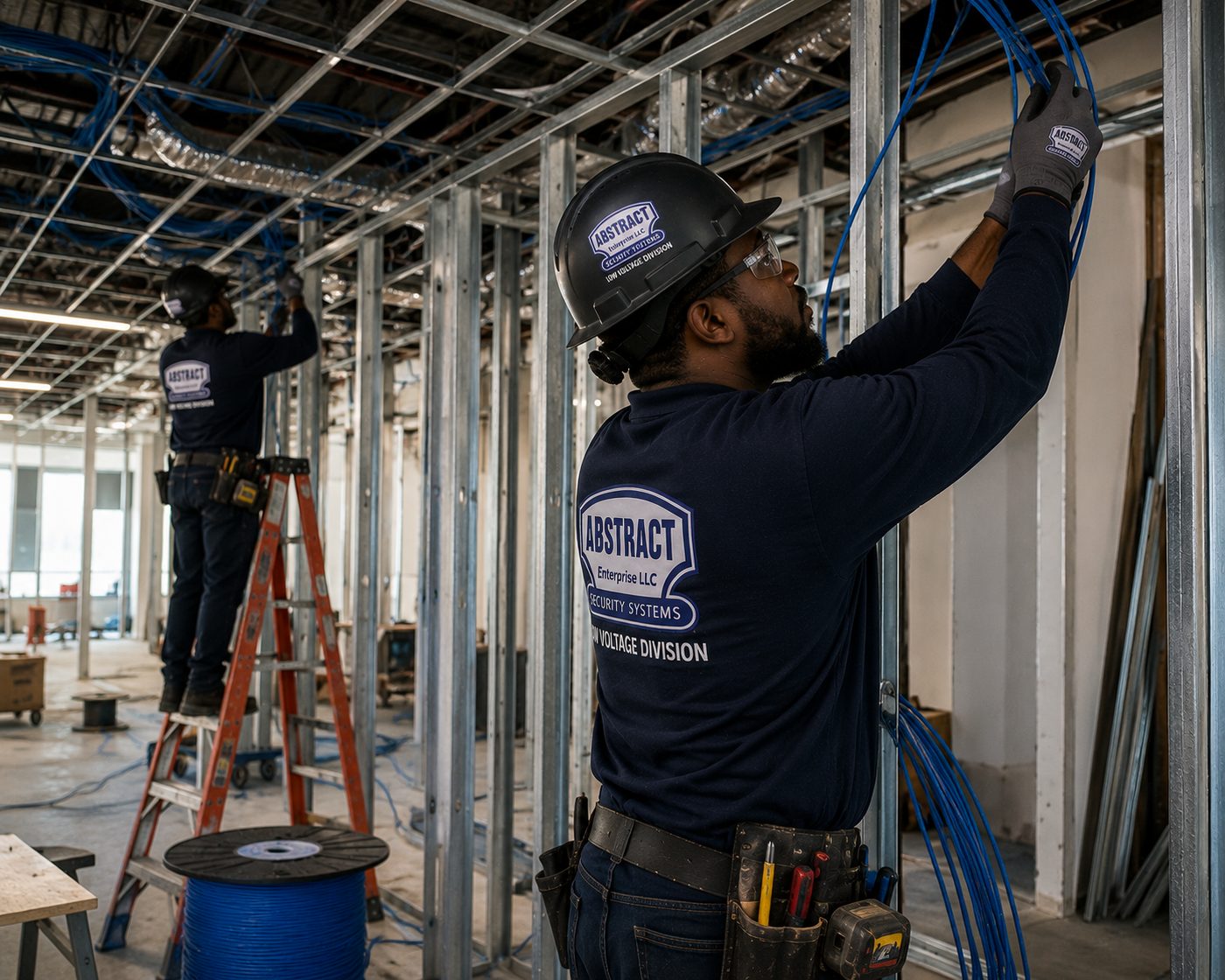 Low voltage cabling rough-in at metal stud framing before drywall on a NYC commercial buildout
