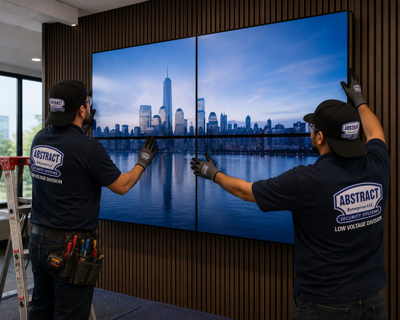 Low voltage installation NYC video wall cabling and mounting in a New York City office
