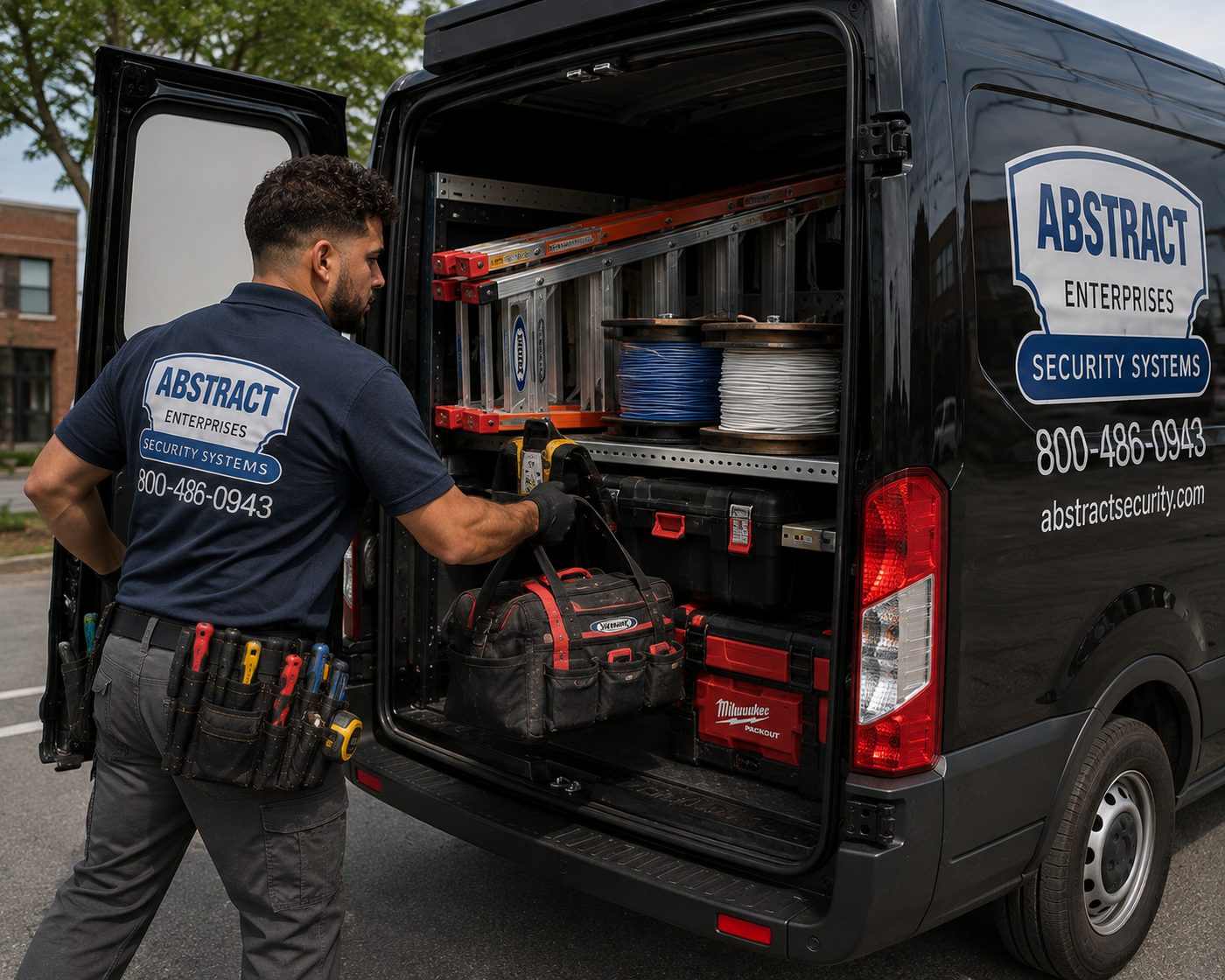 Low voltage security systems Orange County van load out with Cat6 spools before a Goshen install
