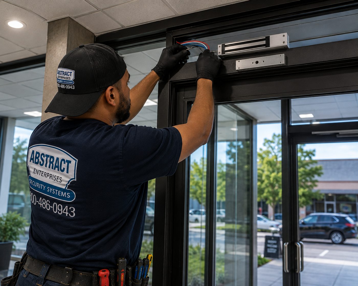 Intercom installation Orange County magnetic lock fitted above a commercial glass entry door