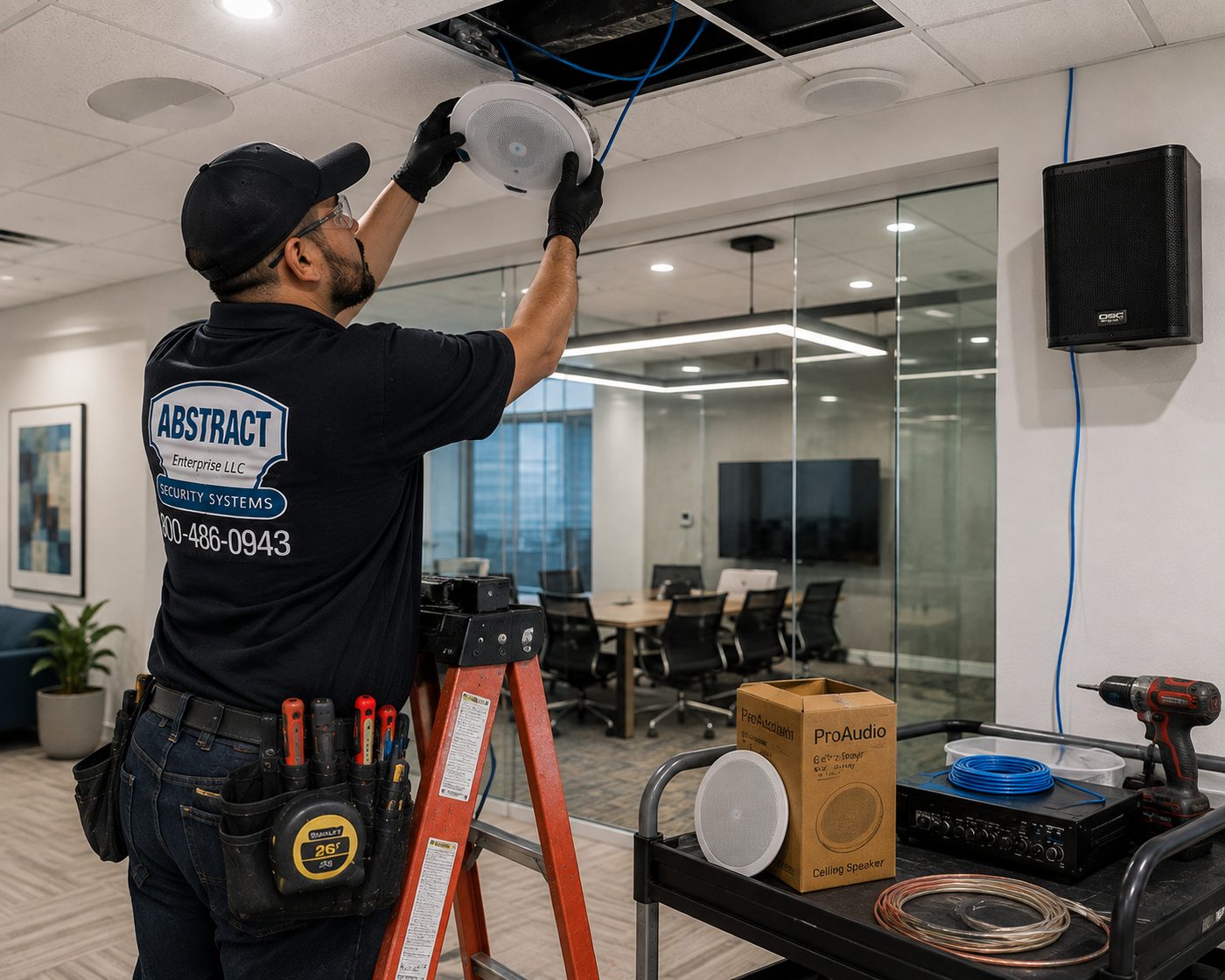Low voltage installation Putnam County NY ceiling speaker cabling in a Carmel municipal building