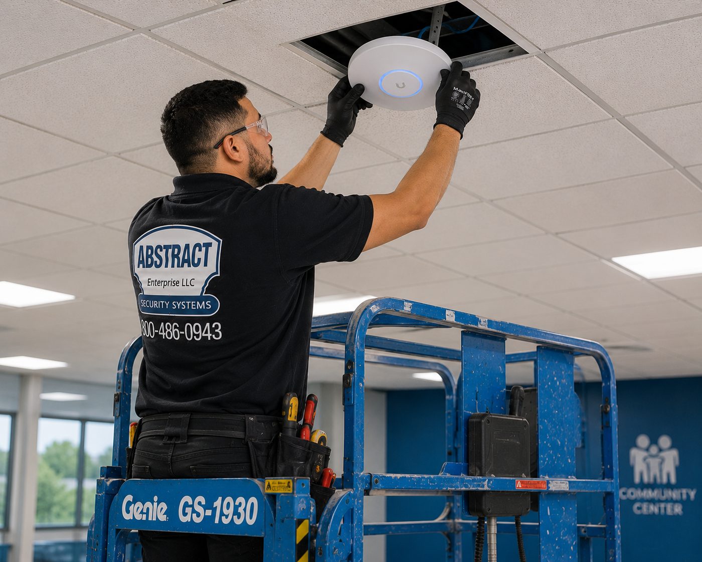 Office network cabling Rockland County wireless access point install from a lift in a community facility
