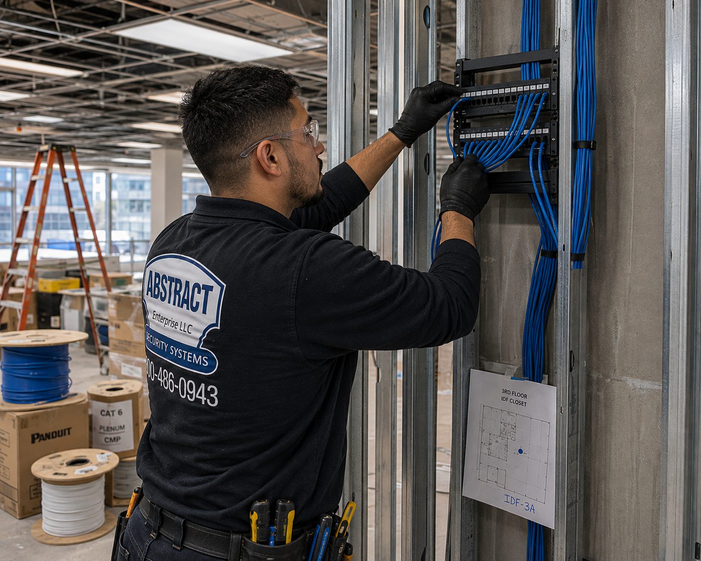 Low voltage installation Suffolk County IDF patch panel build during rough-in on a Suffolk County construction project