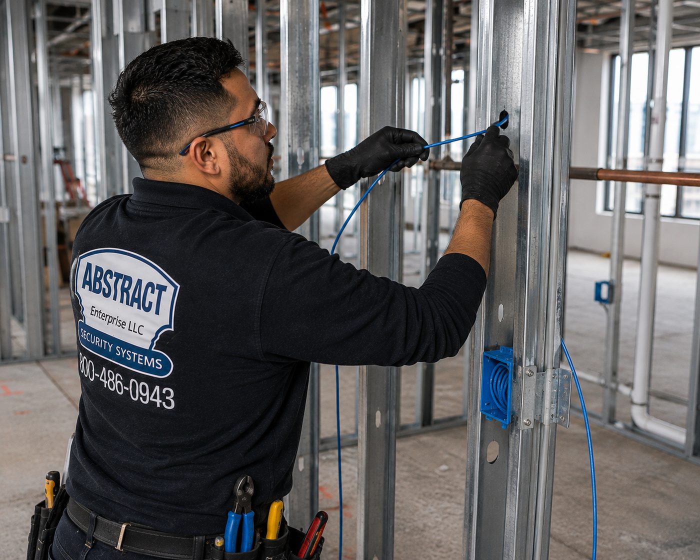 Low voltage installation Suffolk County rough-in box and cable at metal stud framing on a Suffolk County construction project