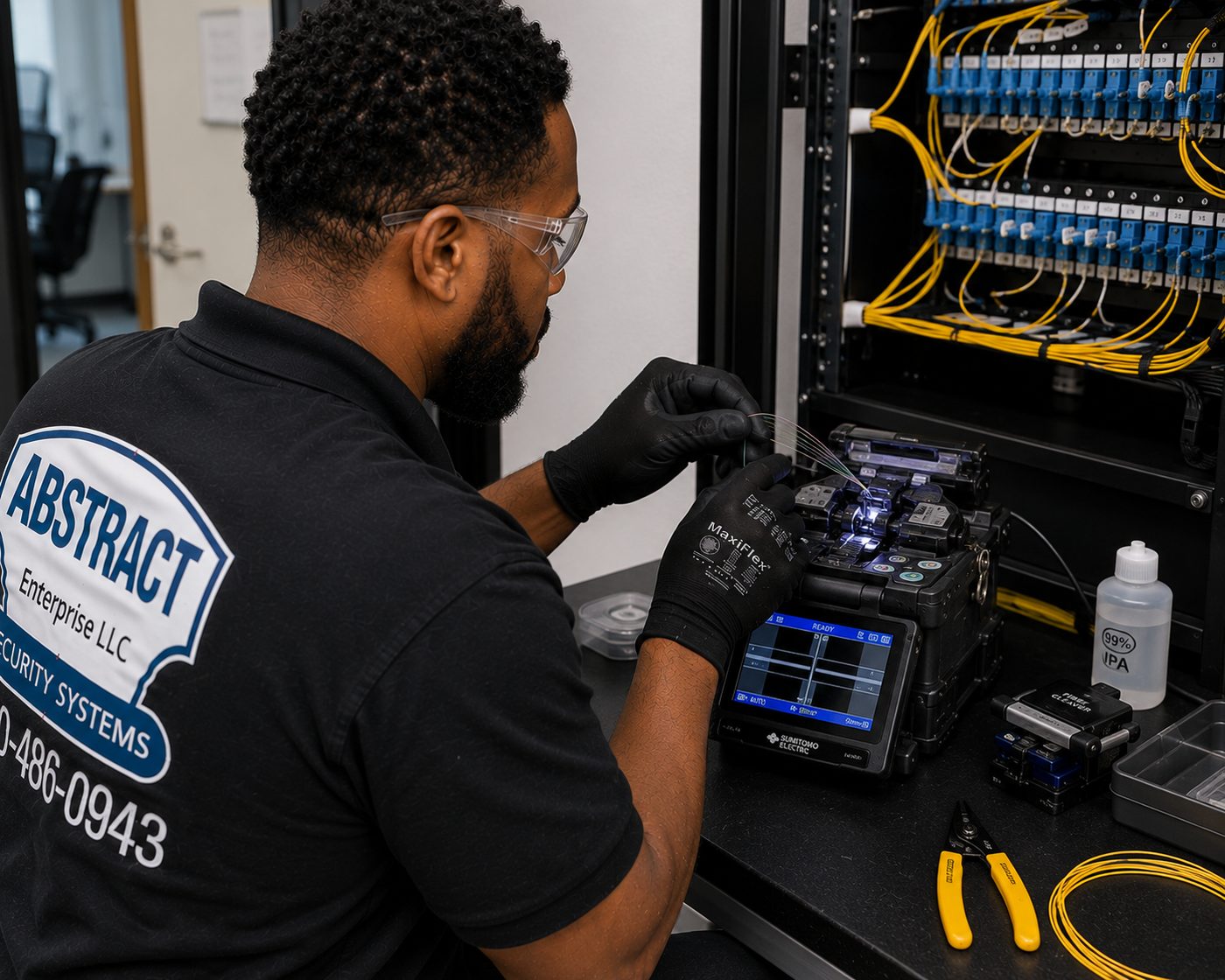 Fiber optic cabling Ulster County NY splice tray work at a campus distribution rack