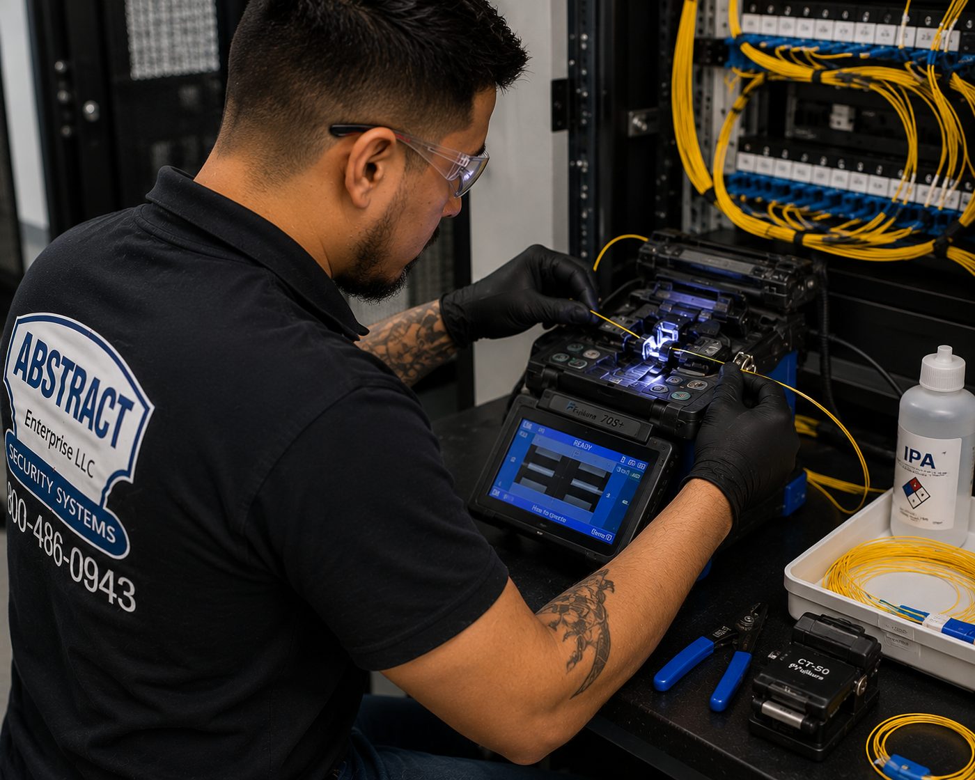 Fiber optic cabling Westchester County fusion splice at a corporate campus backbone rack