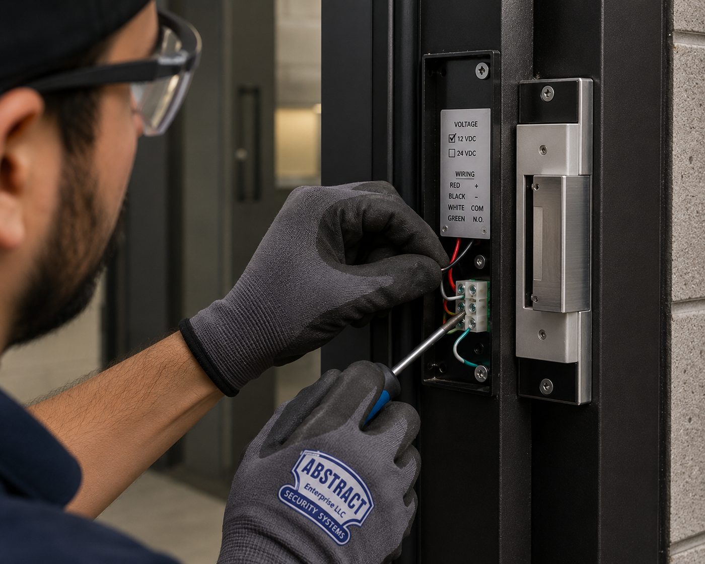 Access control wiring Westchester County electric strike terminated at a commercial entry door in Yonkers