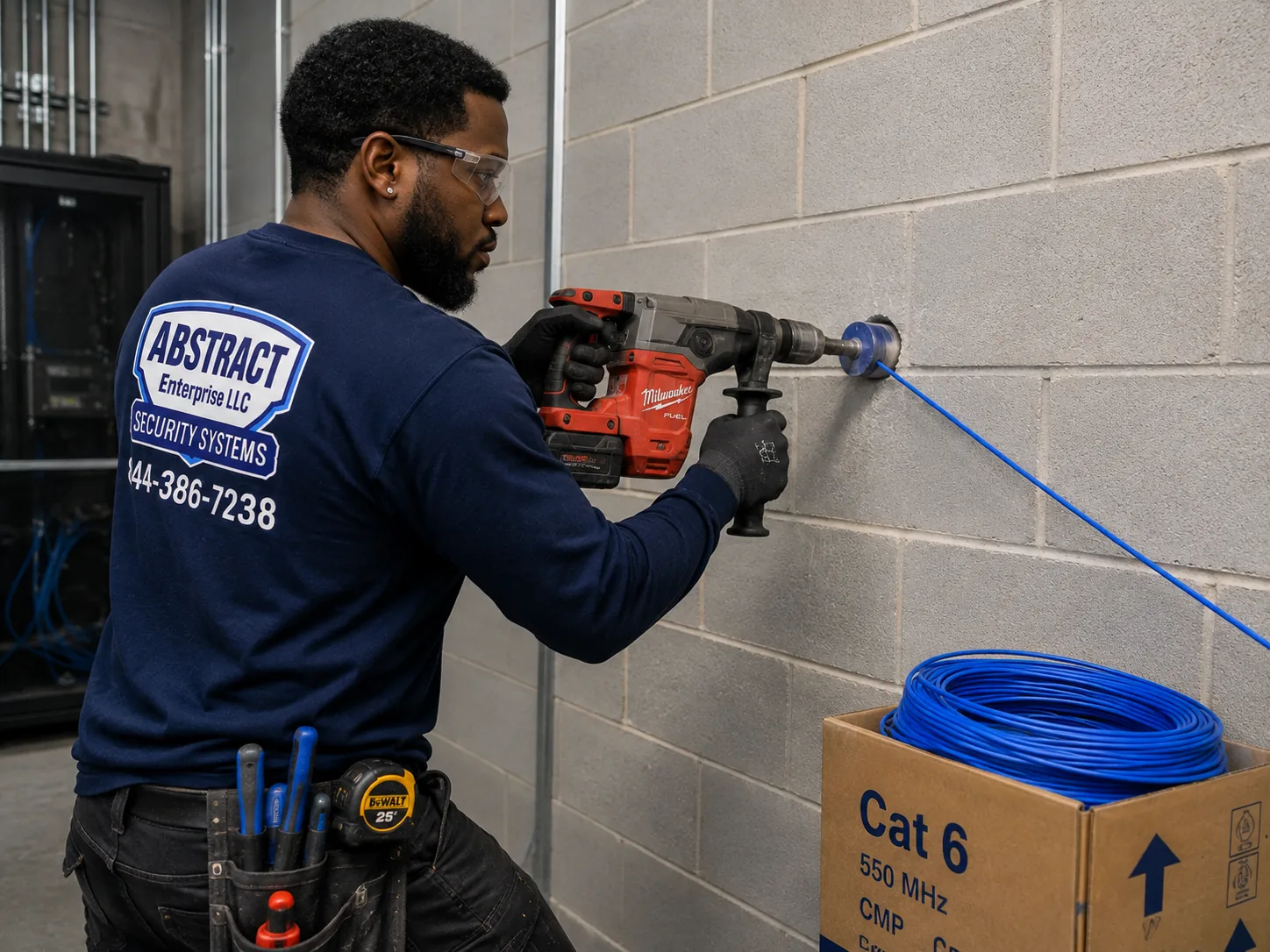Network installation Long Island technician core drilling a block wall to carry cable through to a telecom room
