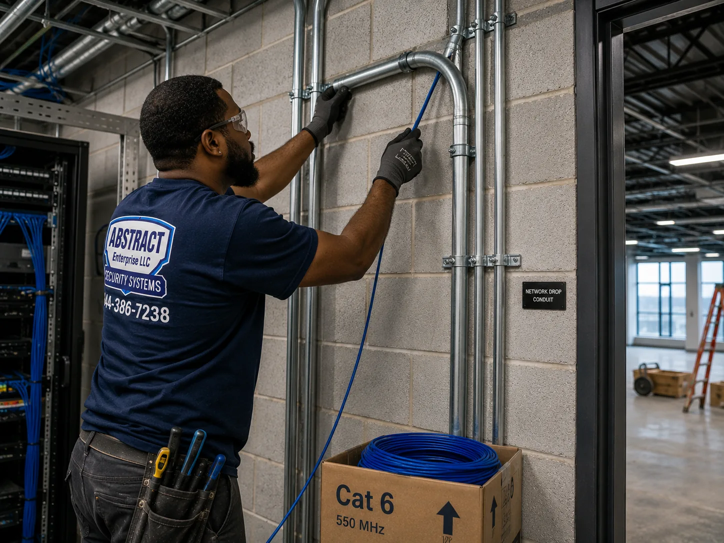 Network installation Long Island technician running cable into EMT conduit beside a telecom room in a masonry building