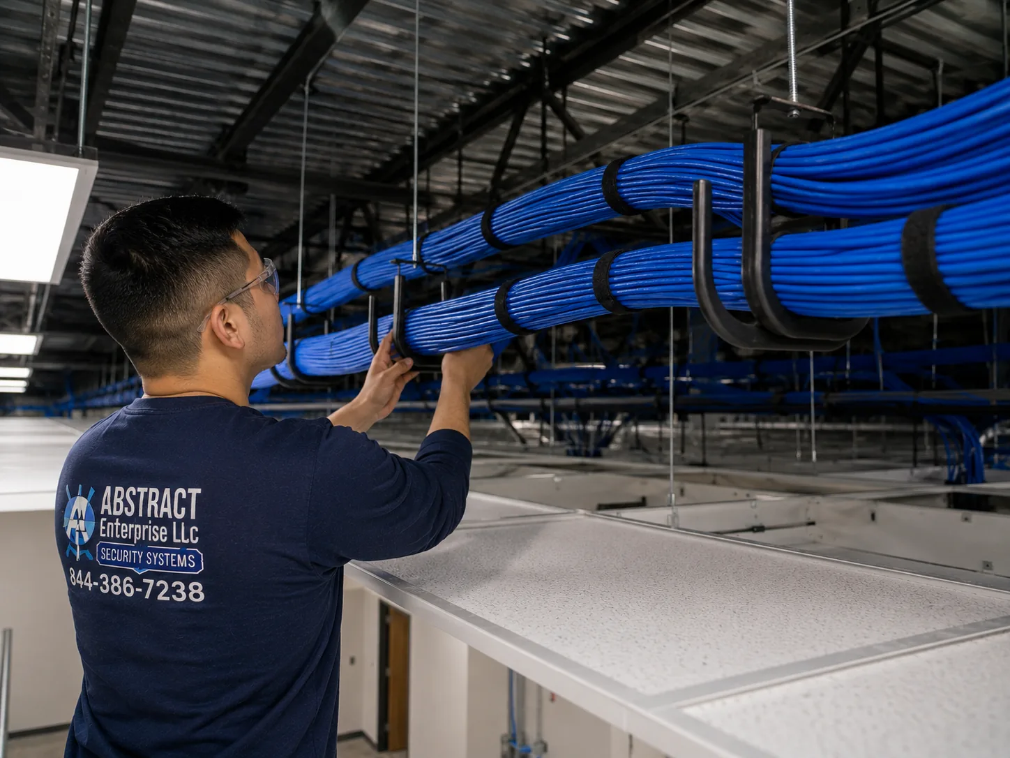 Network installation Manhattan J-hook ceiling pathway carrying dressed cable bundles above a commercial floor