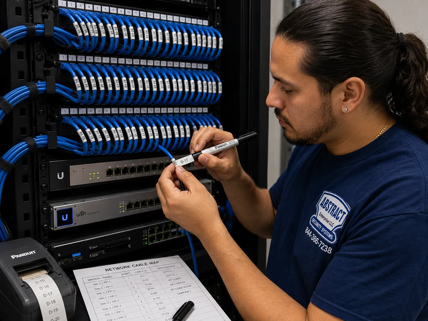 Network installation NYC technician applying printed cable labels at a patch panel beside a printed network cable map port list