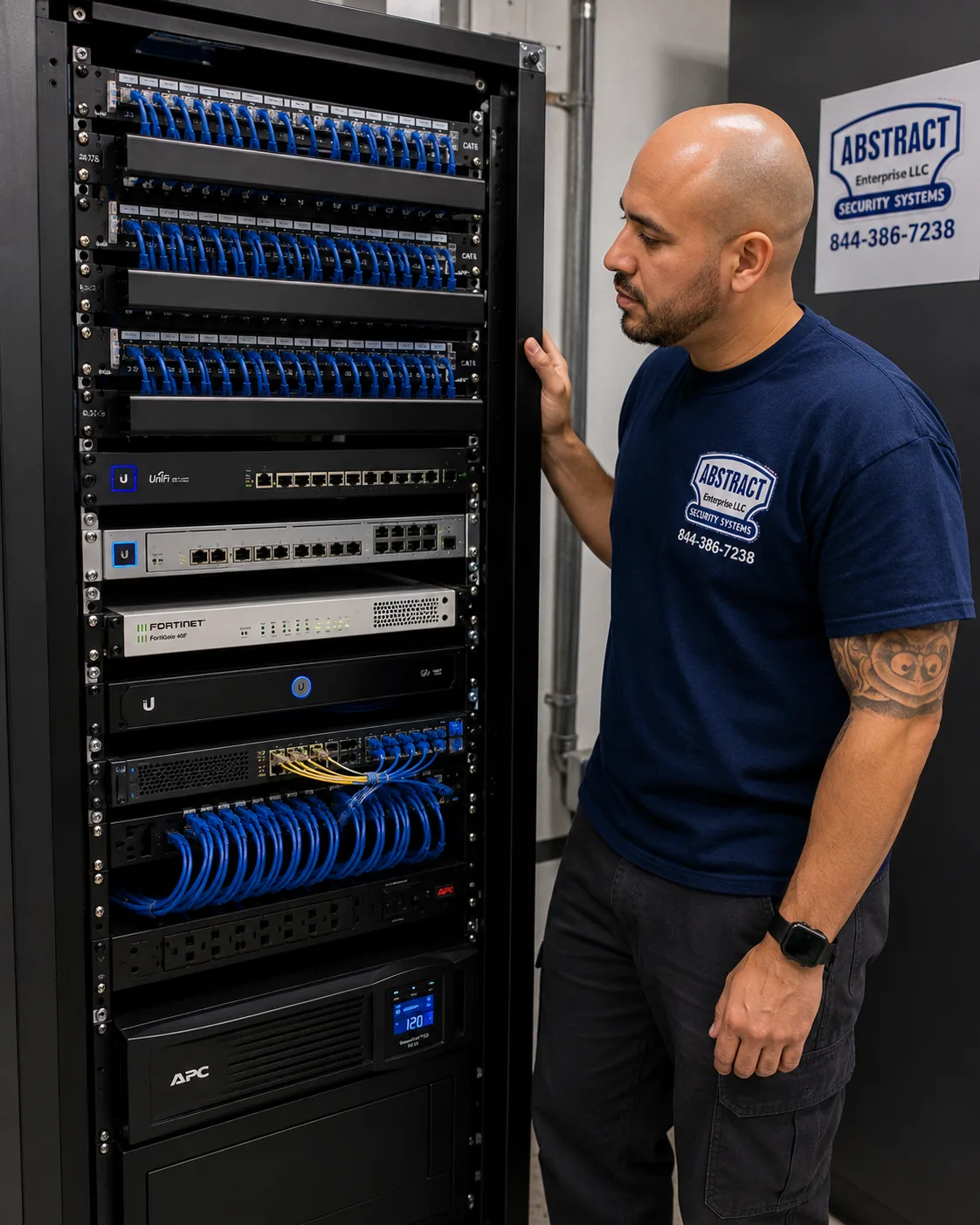 Finished network rack NYC with Cat6 patch panels, UniFi switches, FortiGate firewall and APC UPS dressed and labelled
