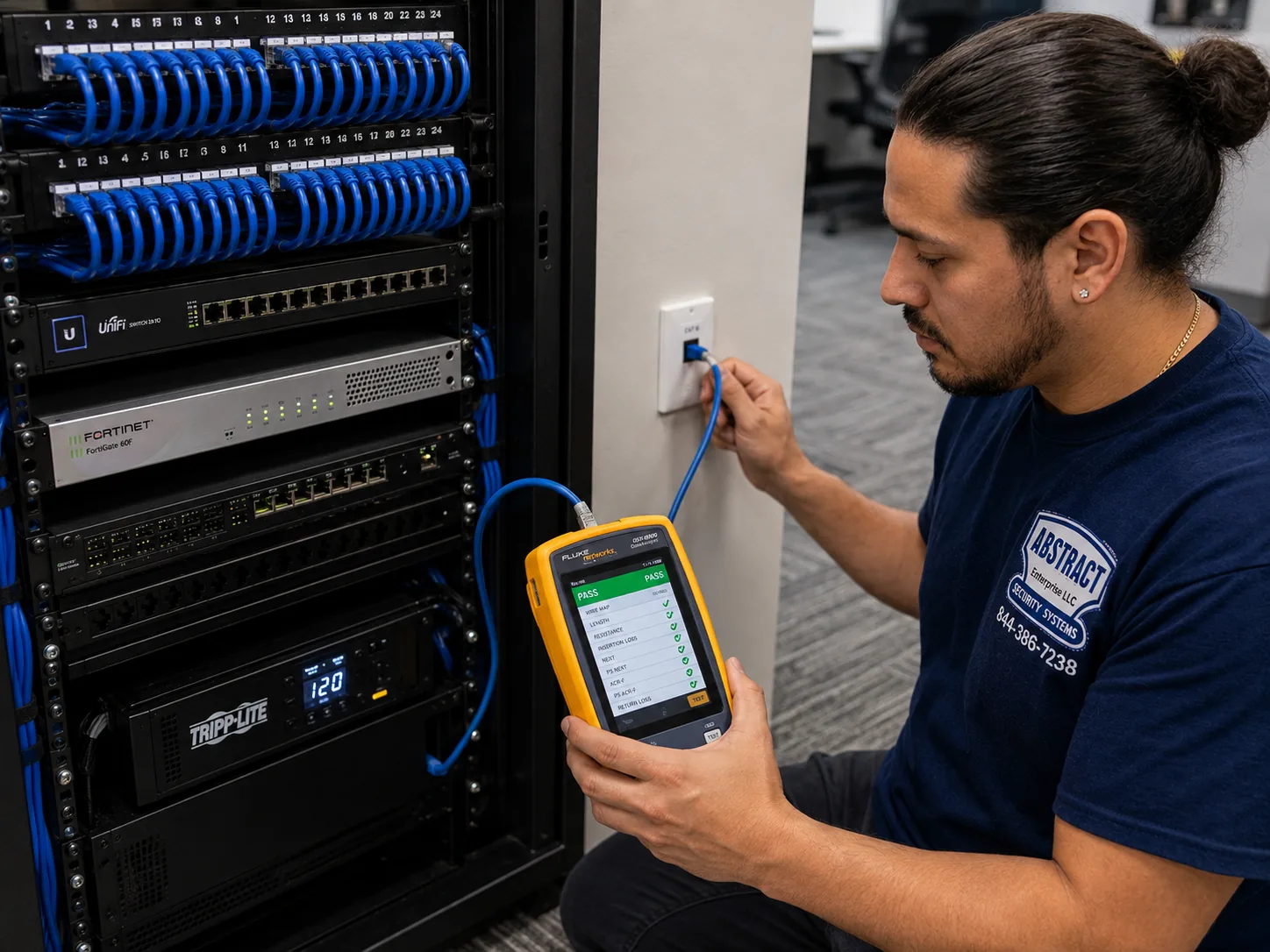 Network installation NYC technician certifying a Cat6 drop with a Fluke DSX cable analyzer showing a PASS result at a wall outlet