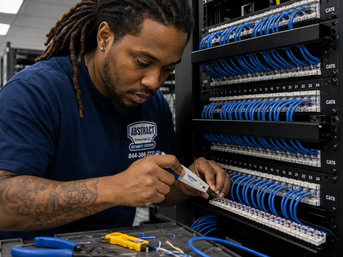 Network installation NYC technician punching down Cat6 conductors into a 24-port patch panel in a commercial telecom rack