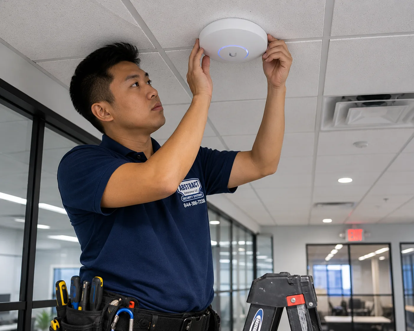 Business Wi-Fi installation NYC technician mounting a ceiling wireless access point on the tile grid in an office