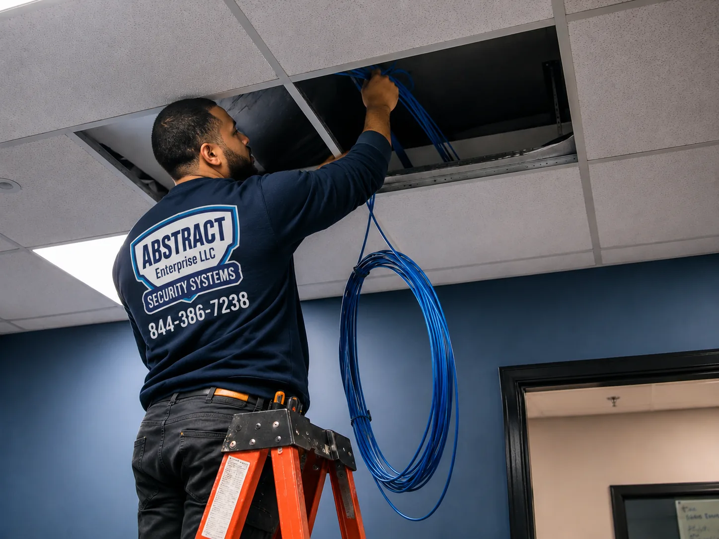 Network installation Orange County technician checking a radio position before the ceiling grid closes
