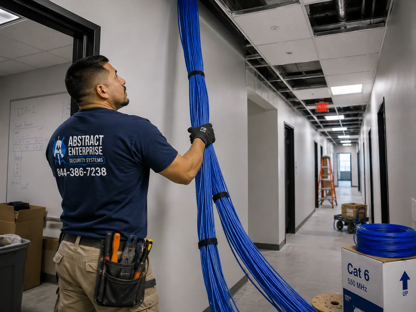 Network installation Orange County technician dressing a fiber and copper bundle into a distribution building zone room