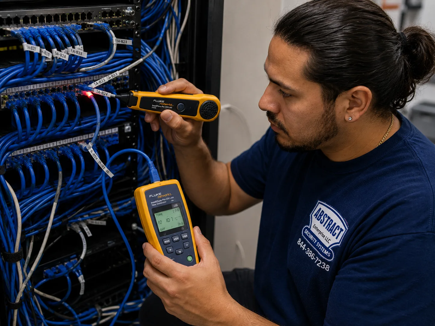 Network repair Orange County technician tracing an unlabelled cable run at a patch panel with a tone generator and probe