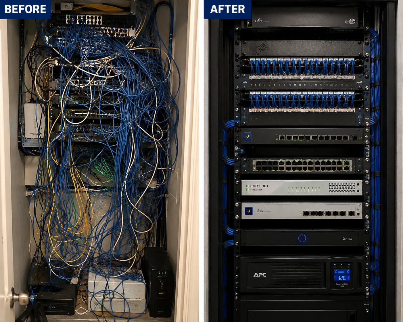 Network rack cleanup Orange County before and after showing an unlabelled rack rebuilt into a dressed labelled one