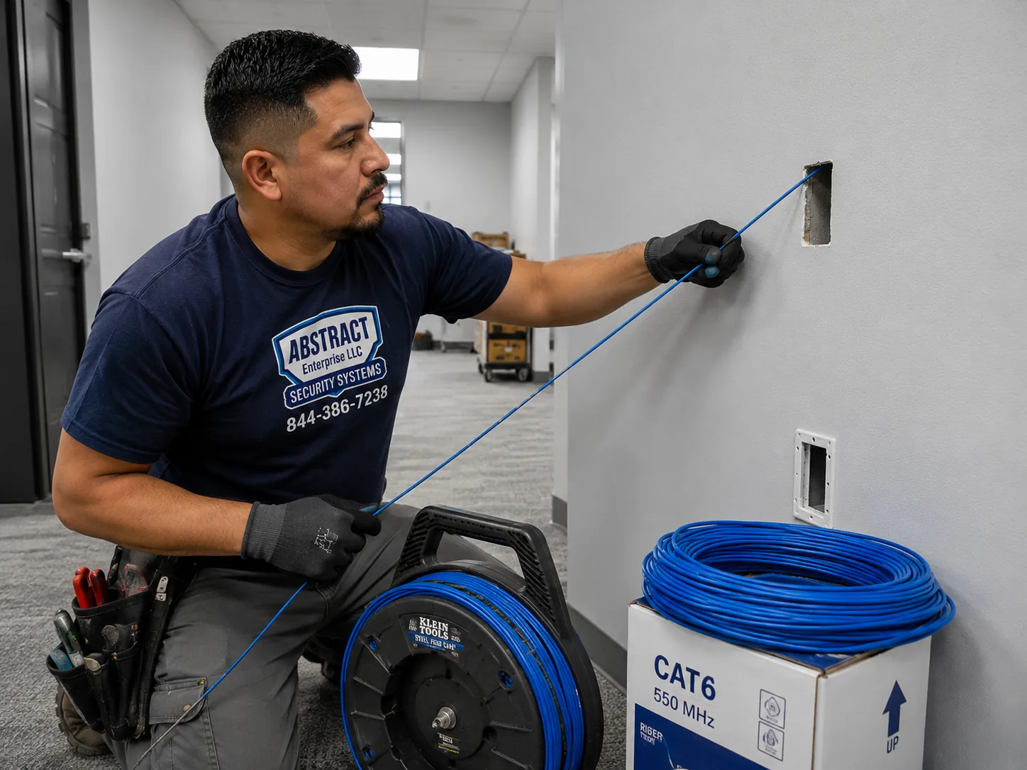 Network installation Orange County technician fishing cable through a finished wall for a retrofit data drop