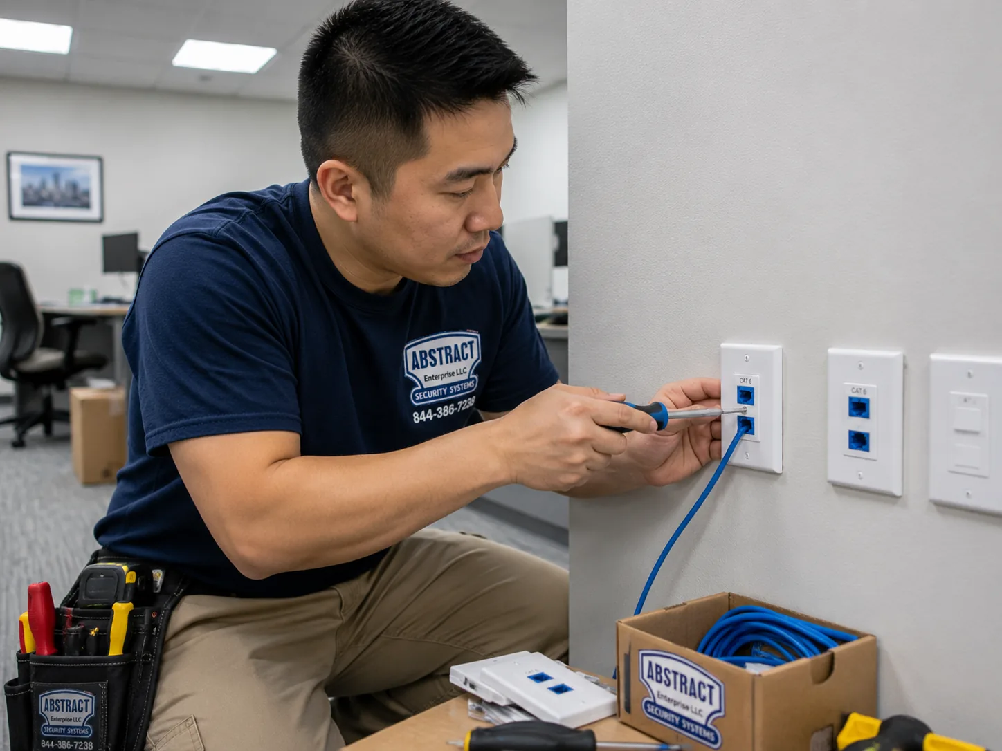 Network installation Orange County technician terminating dual data outlets at an office workstation position