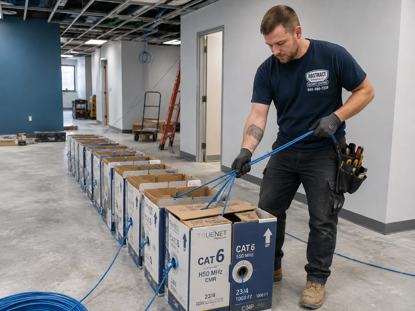 Commercial network installation Queens cable boxes staged for a multi-drop pull during a fit-out