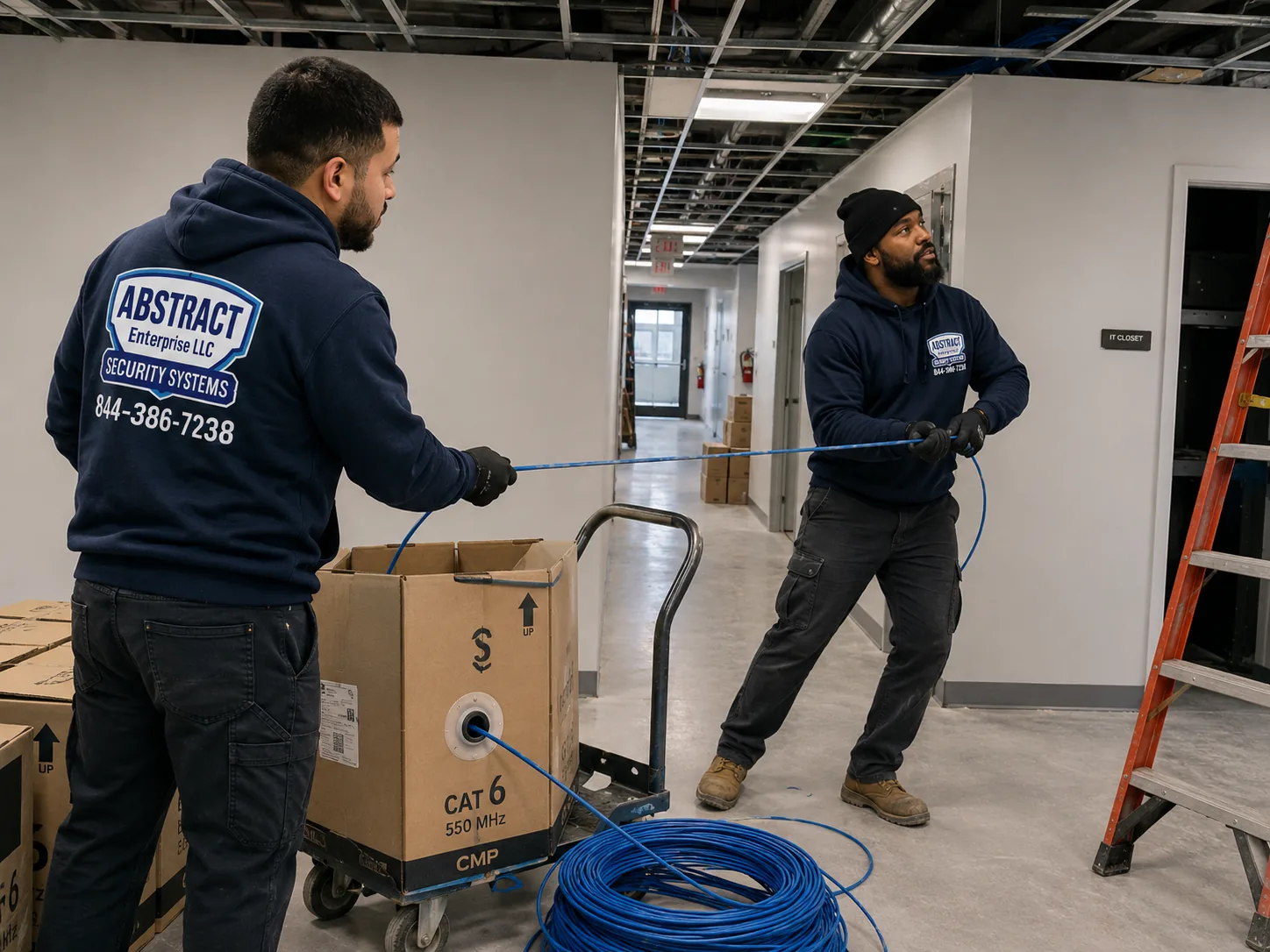 Office network installation Staten Island two technicians running cable toward a zone room in a commercial building