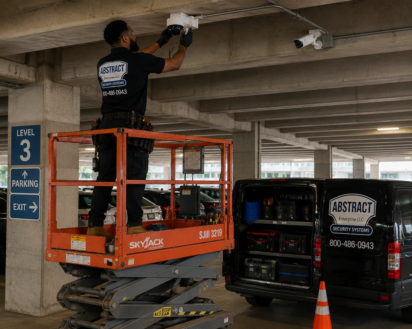Technician on a scissor lift installing a dome camera on the concrete ceiling of a parking garage level, with a bullet camera and surface conduit alongside