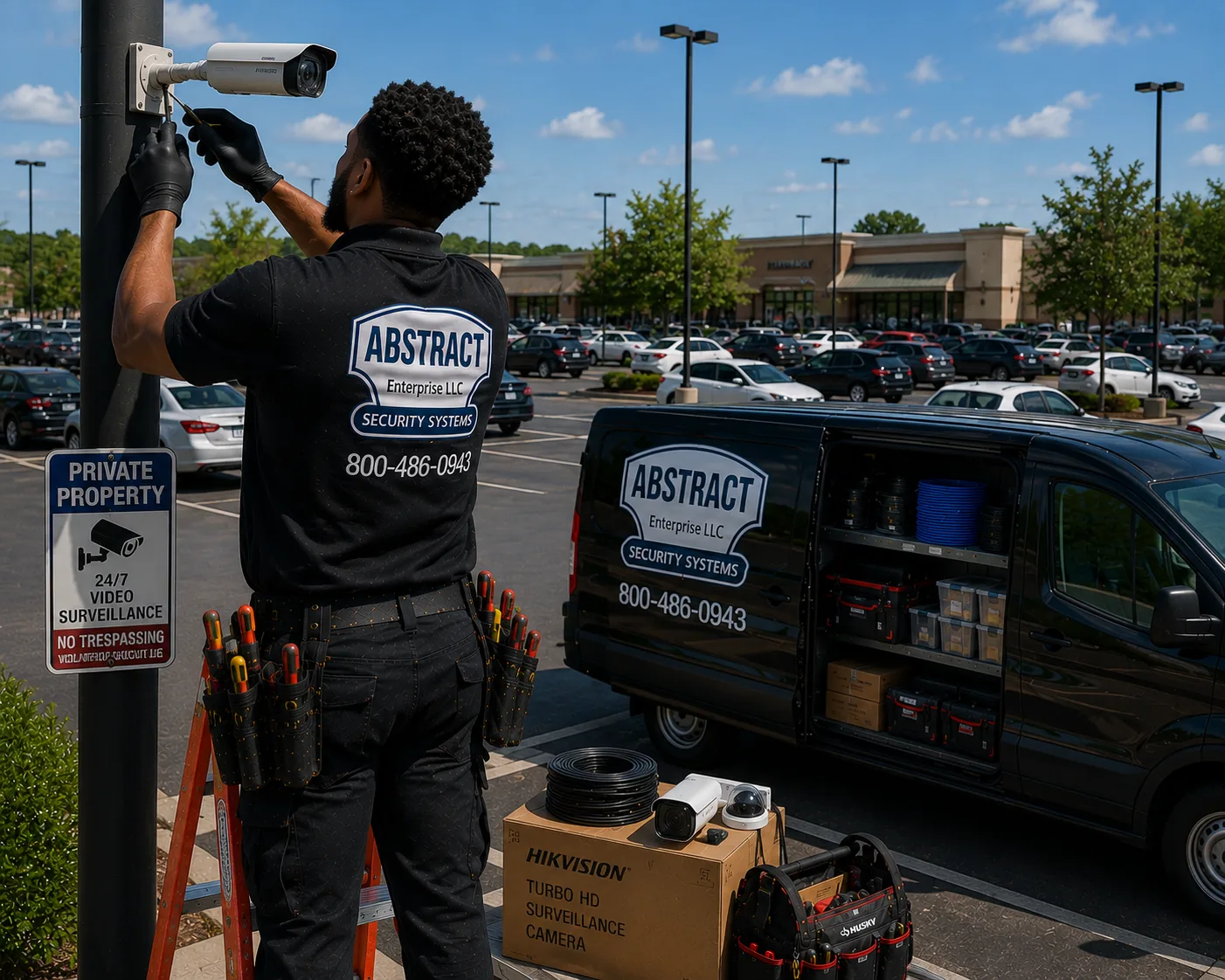 Technician tightening a 4K bullet camera on a lot pole beside a private property video surveillance sign, with bullet and dome cameras on the equipment box below