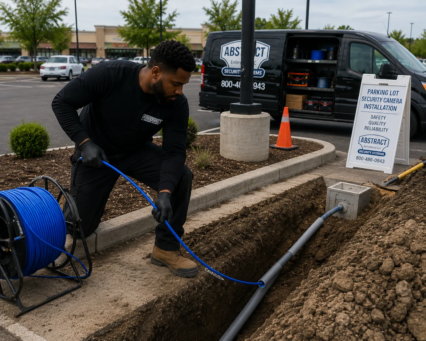 Technician pulling blue network cable from a spool into gray conduit laid in an open trench beside a parking lot island