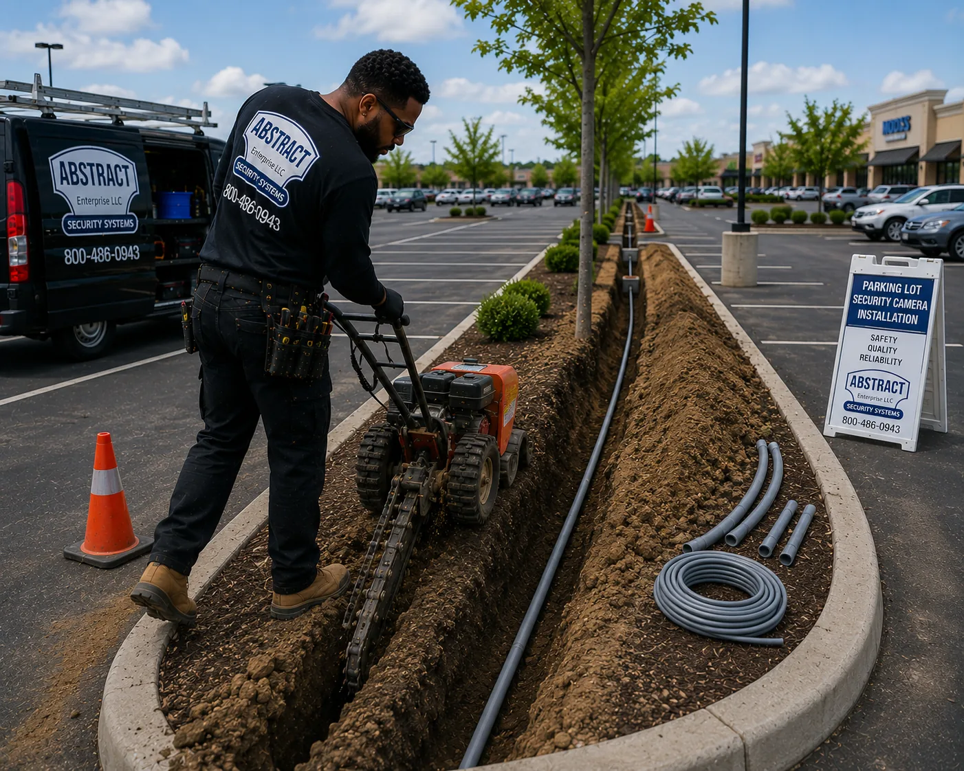 Staten Island parking lot camera conduit pathway routed across a lot island