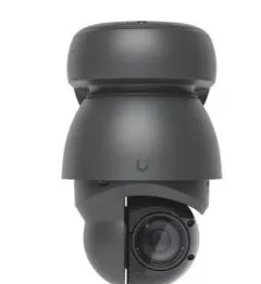 Pan-tilt-zoom camera β manufacturer product photo for large Queens lots Queens parking lot PTZ camera: manufacturer product photo of a dark grey pan-tilt-zoom camera with a domed weather hood