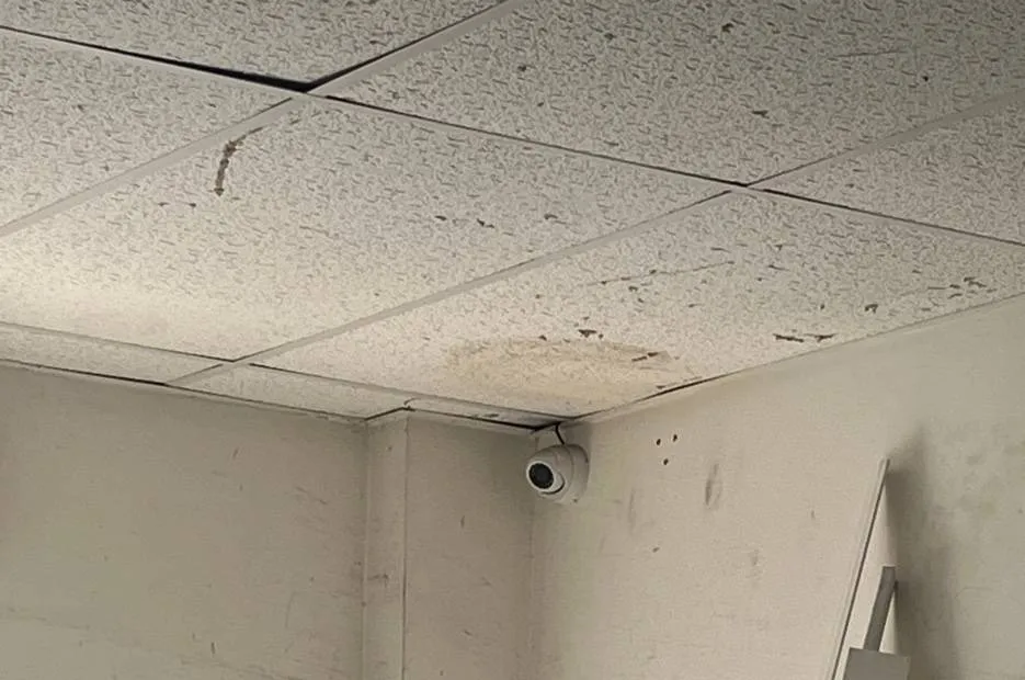 Turret camera in a storage-room corner under stained ceiling tiles β example for Queens recorder-room checks Queens parking lot camera example photo: a white turret camera in the corner of a storage room under water-stained ceiling tiles