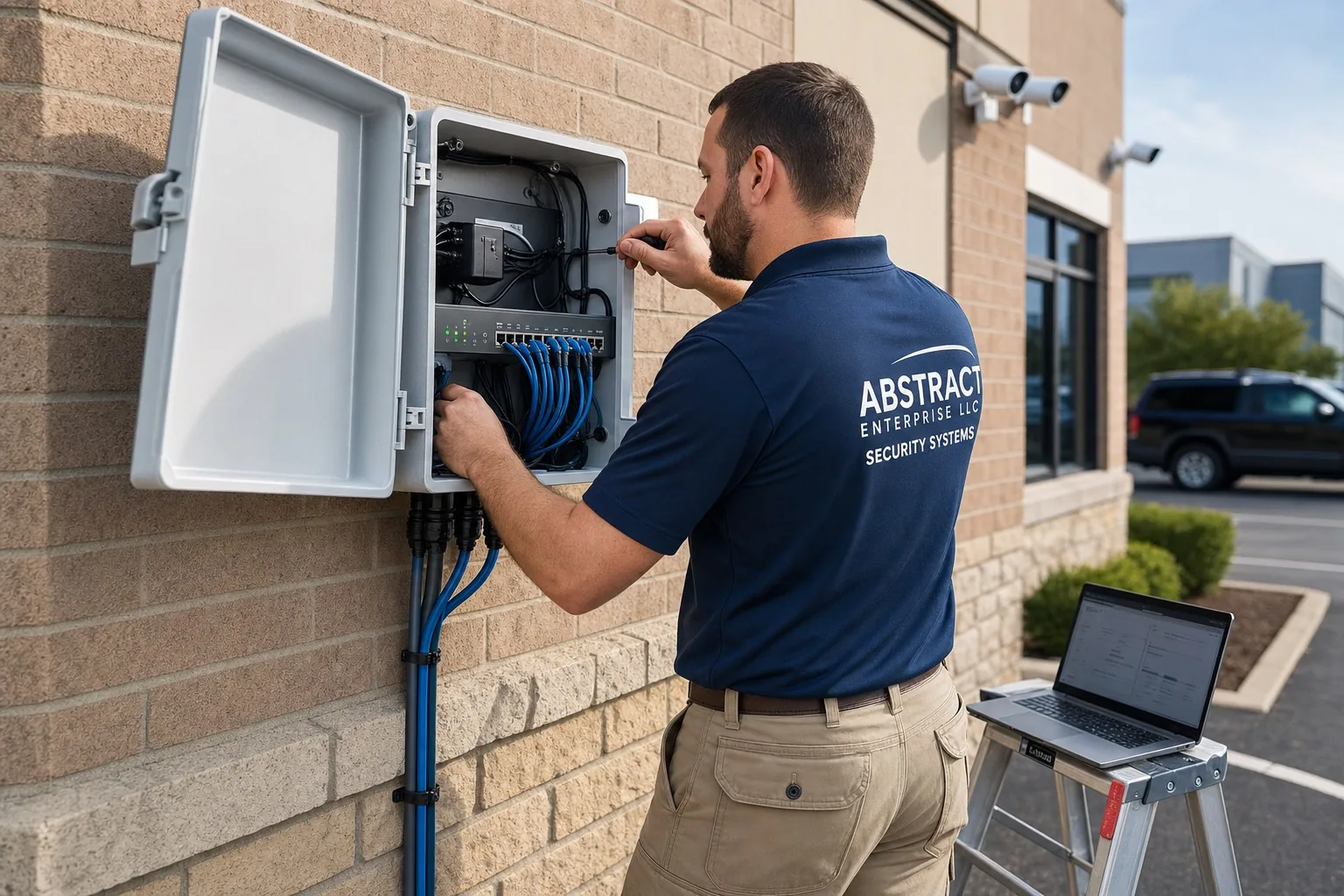 Technician wiring a PoE switch inside a weatherproof enclosure mounted on an exterior wall, with cameras above and a laptop staged nearby